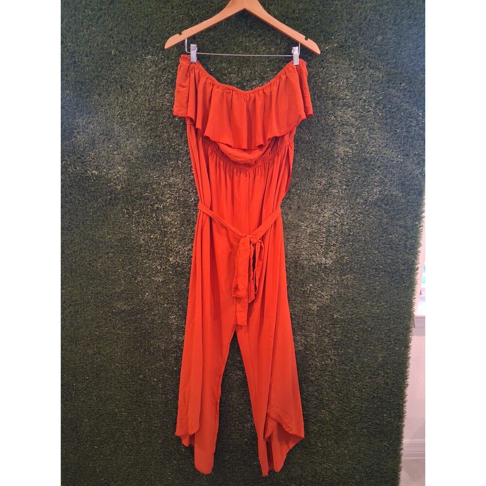 SHEIN Curve 4XL Orange Off Shoulder Ruffle Jumpsuit Wide Leg Side Slits...